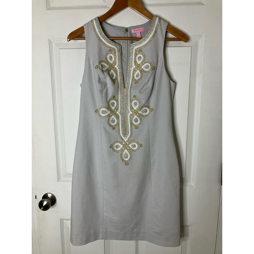 Lilly Pulitzer Seaside Grey Cotton Sleeveless Mila Shift Dress Women's 4